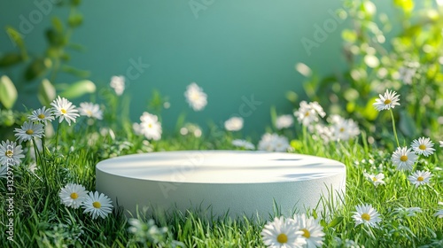 white podium  with daisies and grass