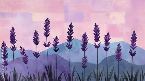 Lavender illustration with geometric patterns, contemporary art style, soothing colors