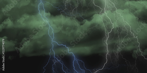 Mountainous Cumulus Clouds Boiling in the Summer Sky. White cloudiness, mist or smog overlay backgrounds. Wide sky and clouds dark tone. Dark cloud at evening sky with thunder bolt.