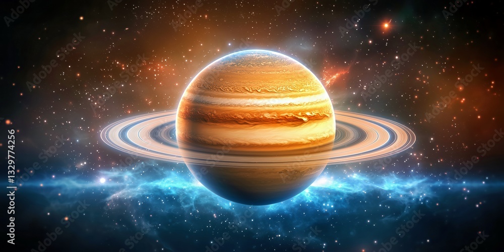 Naklejka premium Majestic view of Jupiter with its rings and vibrant atmosphere in deep space