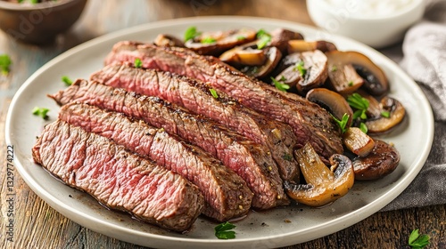 Juicy top round steak sliced against the grain on a plate