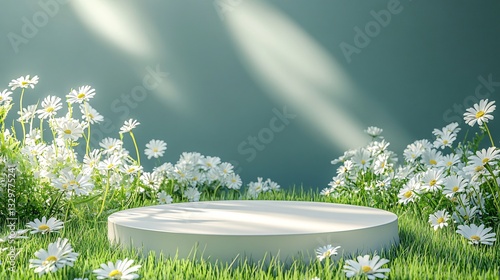 white podium  with daisies and grass