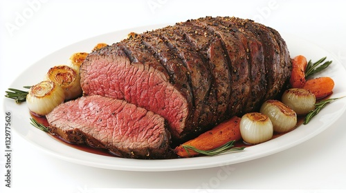 Sliced roast beef on a platter with roasted vegetables