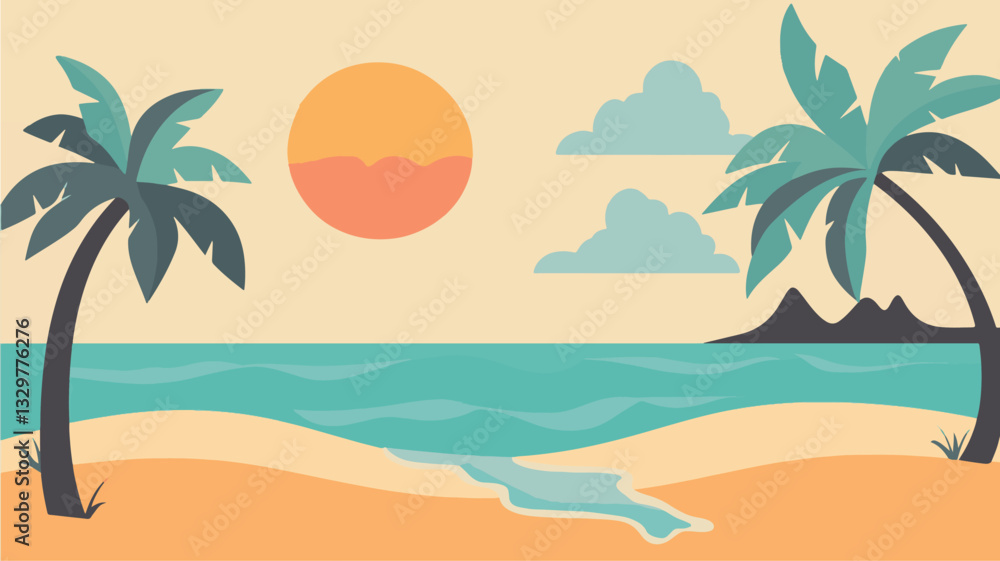 Obraz premium Minimalist flat design illustration of a tropical beach landscape with palm trees and sunset for vacation, travel, and relaxation concepts