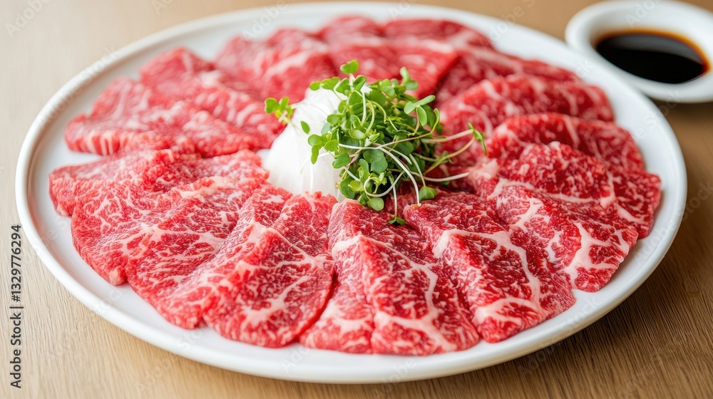Thinly sliced premium beef arranged on a plate Thinly sliced premium beef arranged on a plate