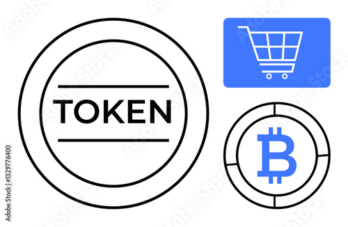 Cryptocurrency token and Bitcoin coin icons beside shopping cart in blue square. Ideal for finance, e-commerce, blockchain, digital currency, online transactions, technology, fintech. Flat simple