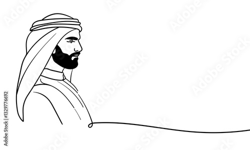 Emirati man in traditional clothes, continuous line art drawing. Muslim in a hijab. Vector illustration isolated on white background.