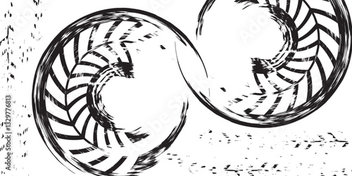 Grunge tire tracks, wheel braking marks. Silhouette of truck, car or motorcycle tread pattern. Design element of car racing, motorsport, speed racing. Vector illustration eps10