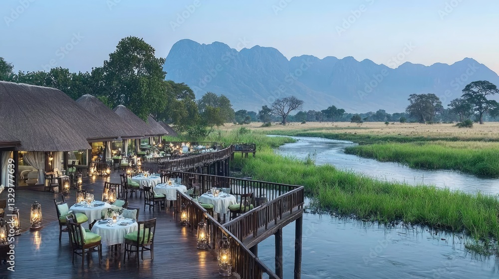 Naklejka premium Luxury safari lodge experience scenic wilderness dining options serene river view african landscape