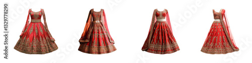 Set of traditional Indian lehengas and choli in vibrant red colors and intricate gold patterns isolated on transparent background, Cutout PNG photo