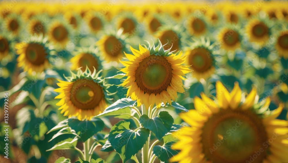 Fototapeta premium Sunflower against a blurred sunny nature backdrop. Horizontal agricultural summer banner featuring a sunflower field. Organic food production. Harvest of farm products. Oilseed crop.