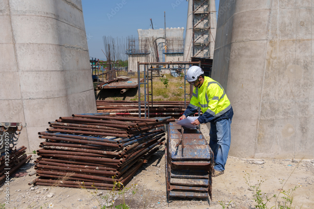 Asian architect engineer wearing safety uniform surveying and working at building structure checking blueprints construction site road general job details business concept architecture street Asian architect engineer wearing safety uniform surveying and working at building structure checking blueprints construction site road general job details business concept architecture street