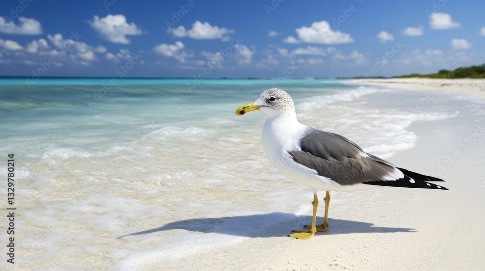 Obraz premium Solitary Seagull Standing on a Tranquil Sandy Beach with Gentle Ocean Waves in the Background, Showcasing a Peaceful Coastal Atmosphere and Serene Nature Scene.