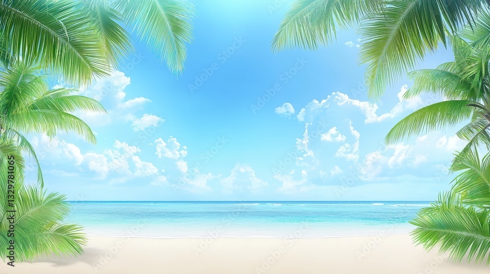 Obraz premium Tropical beach paradise, pristine sands, swaying palms, and azure sky tranquil