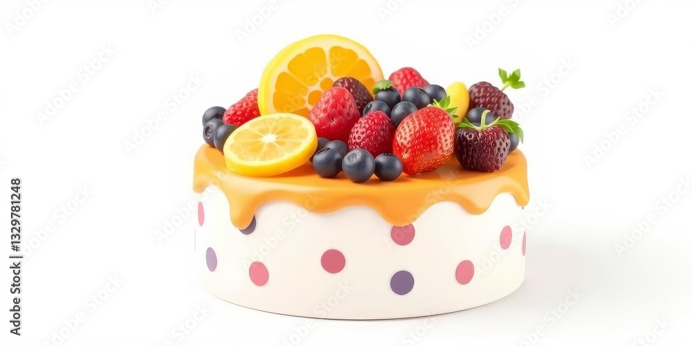 3D Cartoon Cake with Colorful Fruit Toppings, Isolated on White Background for a Fresh, Whimsical Look 3D Cartoon Cake with Colorful Fruit Toppings, Isolated on White Background for a Fresh, Whimsical Look