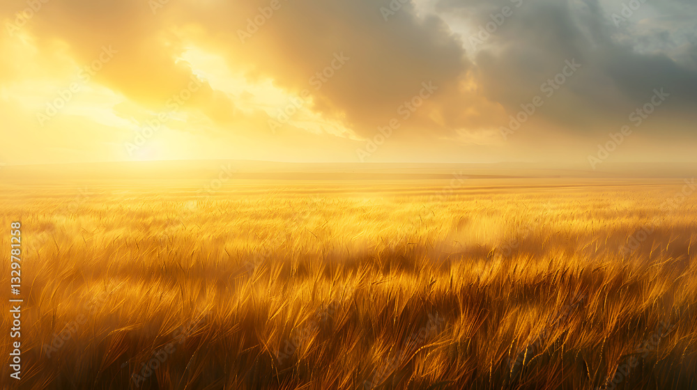 Fototapeta premium Tranquil Sunset Over Golden Wheat Field Illuminated by Soft Light