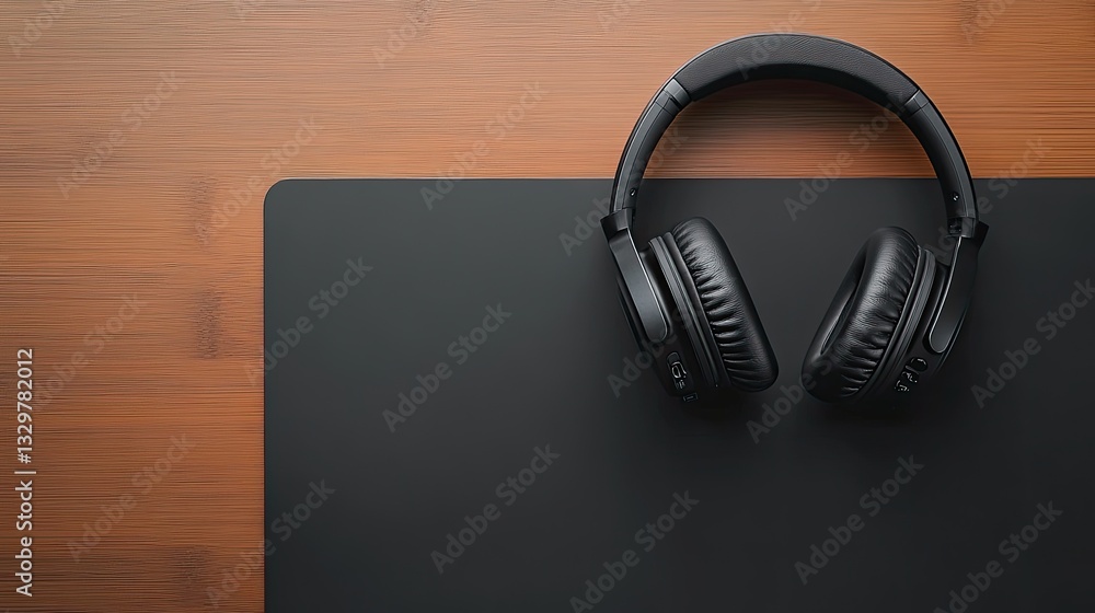Sleek Black Wireless Headphones on Wooden Desk Sleek Black Wireless Headphones on Wooden Desk