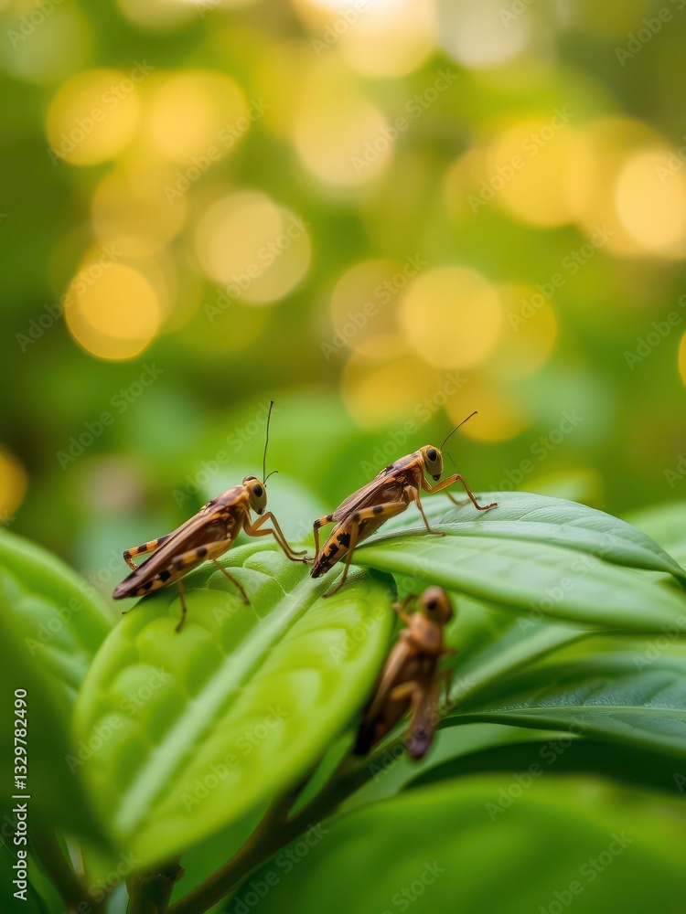 Naklejka premium Crickets Resting on Green Leaves with a Stunning Bokeh Light Backdrop