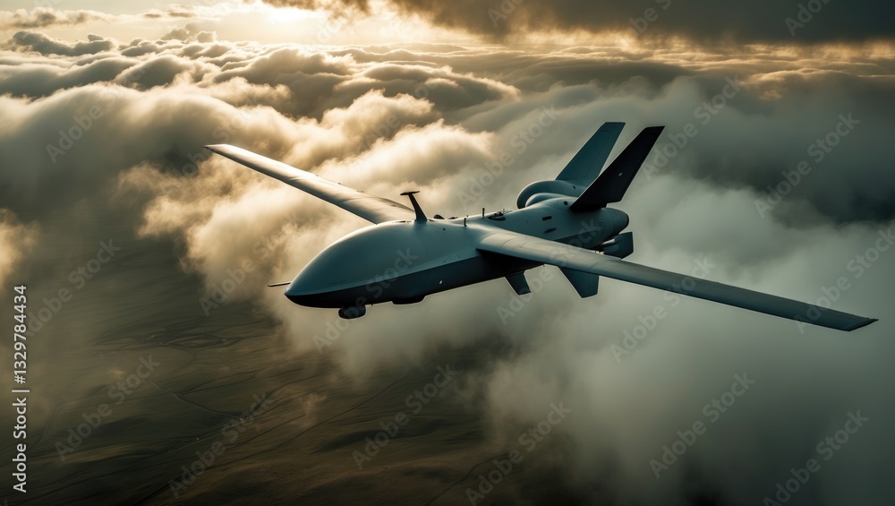 The movement of an unmanned aerial vehicle from cloud to ground. A warfare drone navigates above the clouds.