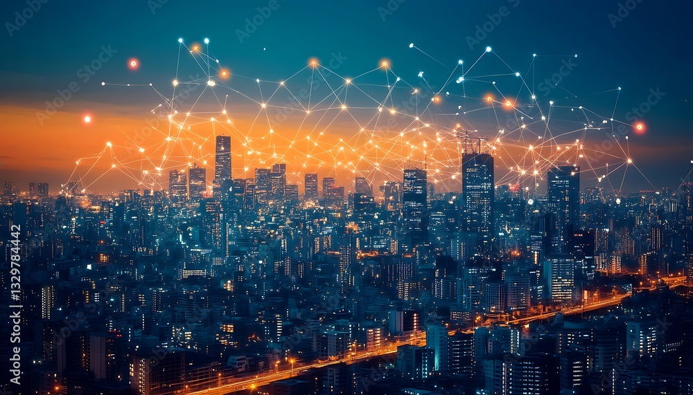 Fototapeta premium Smart city at night, network connection. (1)