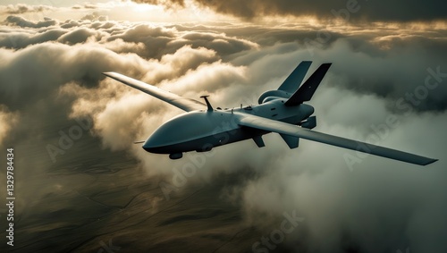 The movement of an unmanned aerial vehicle from cloud to ground. A warfare drone navigates above the clouds. photo