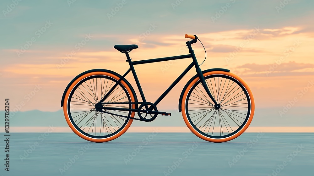 Fototapeta premium Pixel Art Bicycle at Sunset Black Frame, Orange Tires, Calm Water