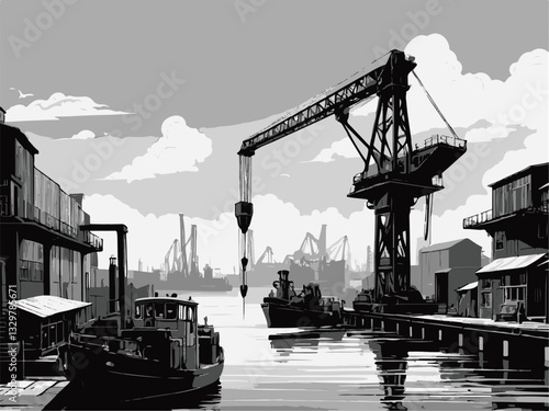 Vector illustration of a shipyard with cranes heavy machinery and equipment. Industrial Harbour Scene with Cranes and Ships in Gray Tones