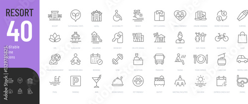 Resort Line Editable Icons set. Vector illustration in modern thin line style of hotel related icons: types of accommodation, service, transport, and more. Isolated on transparent background.