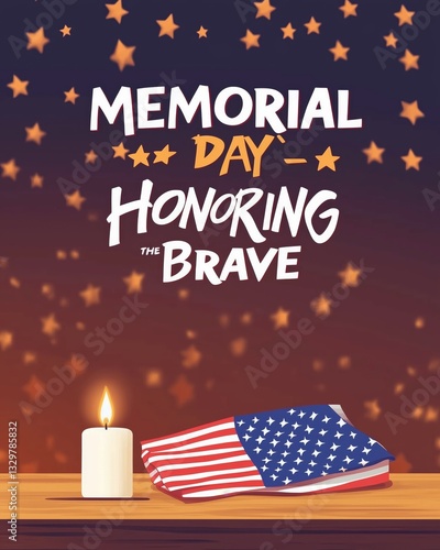 A candle burns beside an American flag on a wooden table, symbolizing Memorial Day. The scene conveys respect and remembrance for fallen soldiers.