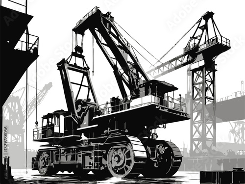 Vector illustration of a shipyard with cranes heavy machinery and equipment. Industrial Crane in Dockyard Setting with Heavy Machinery