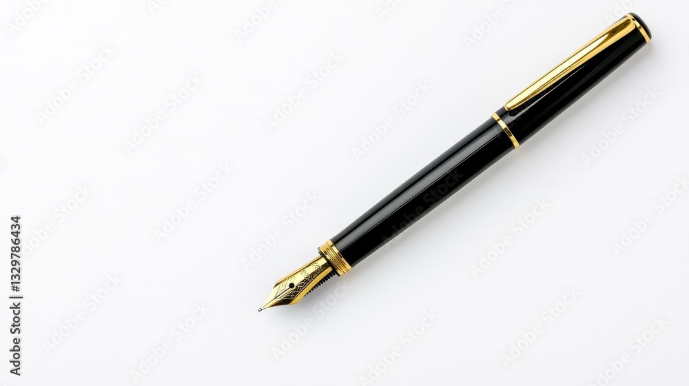 Black Fountain Pen with Gold Accents on White Background Black Fountain Pen with Gold Accents on White Background