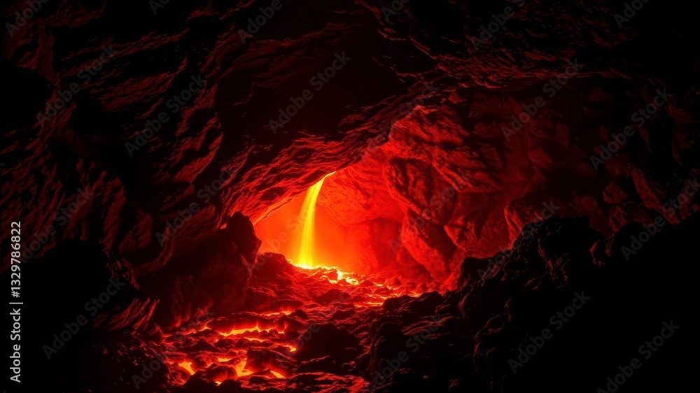Fototapeta premium Bright Lava Flow Glowing in a Dark Cave, Casting Fiery Shadows on the Cave Walls