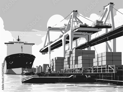 Vector illustration of a shipyard with cranes heavy machinery and equipment. Cargo Ship at Industrial Port with Cranes and Containers