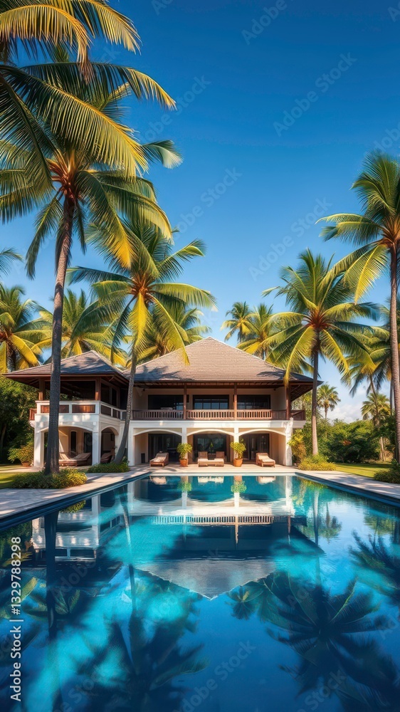 Obraz premium Exquisite tropical villa with expansive pool surrounded by coconut palms under a bright sunny sky