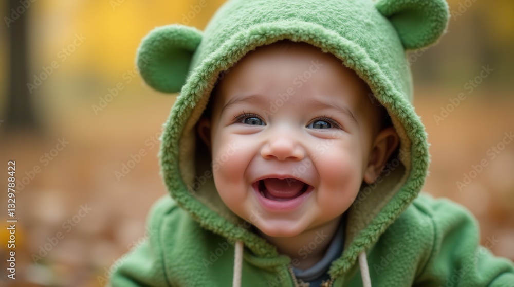 Happy baby smiling in green frog hoodie outdoors Happy baby smiling in green frog hoodie outdoors