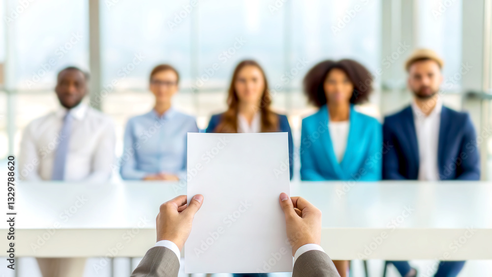 Diversity workplace hiring concept. A person holds a blank document in front of a panel of interviewers seated at a table. Diversity workplace hiring concept. A person holds a blank document in front of a panel of interviewers seated at a table.