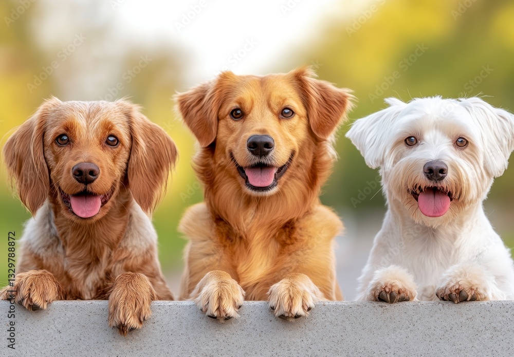 Three Happy Dogs of Different Breeds Sitting on a Stone Wall Three Happy Dogs of Different Breeds Sitting on a Stone Wall