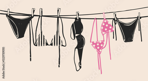 Women's bra and panties hanging on a rope. Swimwear or underwear, lingerie hanging and drying. Hand drawn modern Vector illustration. Isolated design element. Logo, icon, print template