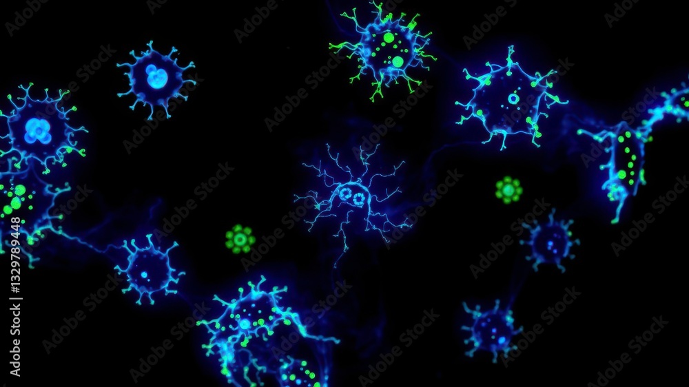 Fluorescent Cellular Structures Glowing in Electric Blues and Greens, Set Against Dark Spaces Fluorescent Cellular Structures Glowing in Electric Blues and Greens, Set Against Dark Spaces