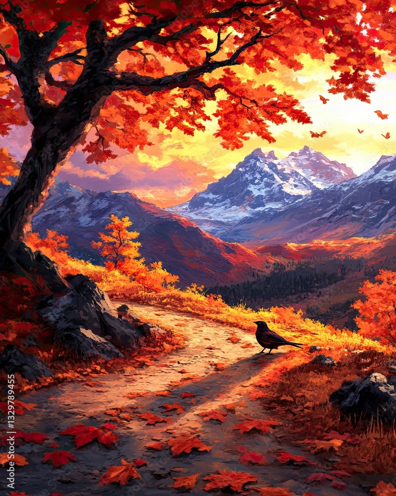 Naklejka premium Autumn Landscape with Tree, Mountains, and Colorful Leaves