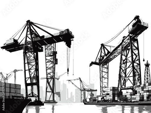Vector illustration of a shipyard with cranes heavy machinery and equipment. Industrial Port Cranes Silhouette Against Urban Skyline