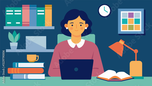 A middleaged woman sits in front of a computer in her home office surrounded by textbooks and notepads determined to earn a degree in graphic design and start a new career.. Vector illustration