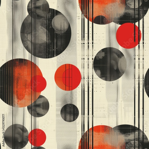 Painting of circles in black and red with a white background