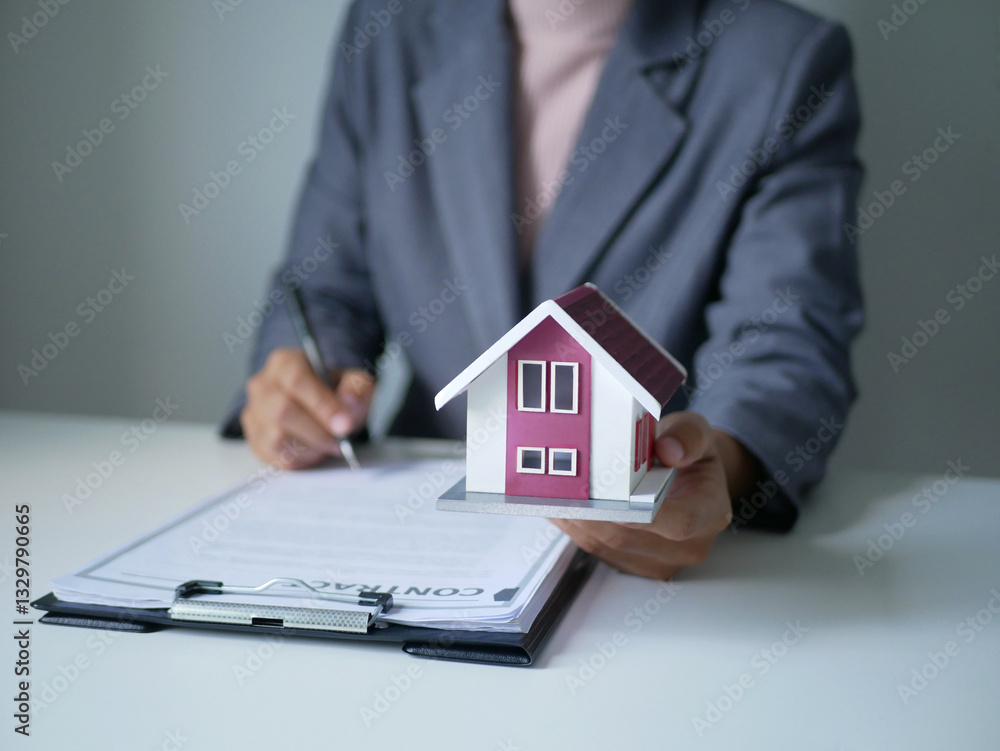 Real estate agent explains home rental and home insurance. Rent, Buy, Home Insurance, Home Insurance Concept Real estate agent explains home rental and home insurance. Rent, Buy, Home Insurance, Home Insurance Concept