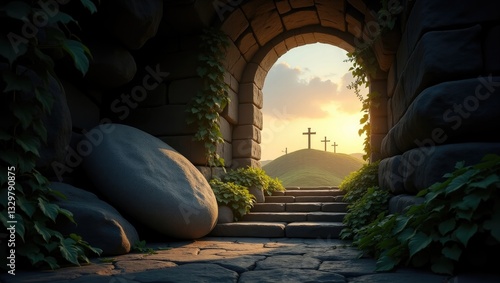 The stone has been moved away from the grave in the morning.