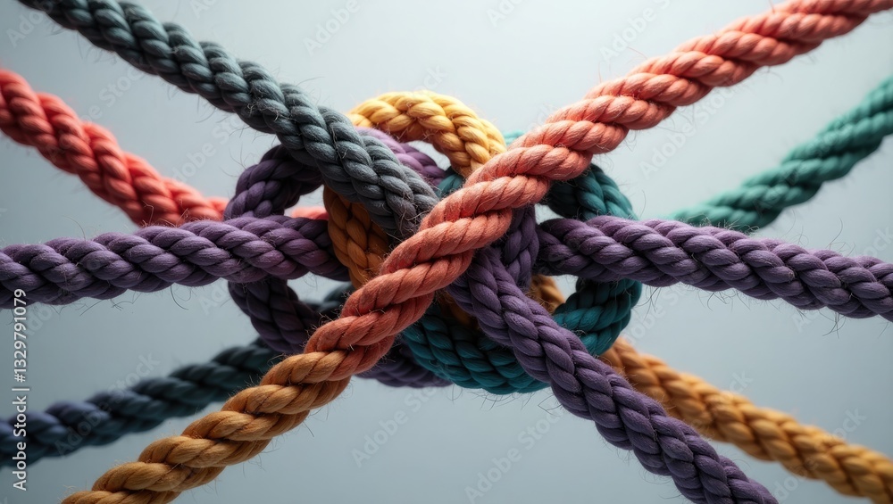 Team business support structure and teamwork concept represented by a collection of diverse ropes intertwined in strength and solidarity symbolizing belonging and inclusion. Team business support structure and teamwork concept represented by a collection of diverse ropes intertwined in strength and solidarity symbolizing belonging and inclusion.