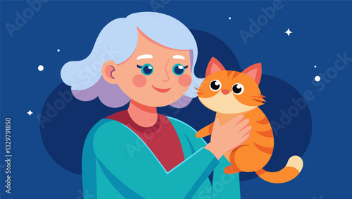 A senior lady holding a small calico kitten her eyes lighting up with love and excitement at the prospect of bringing her home.. Vector illustration
