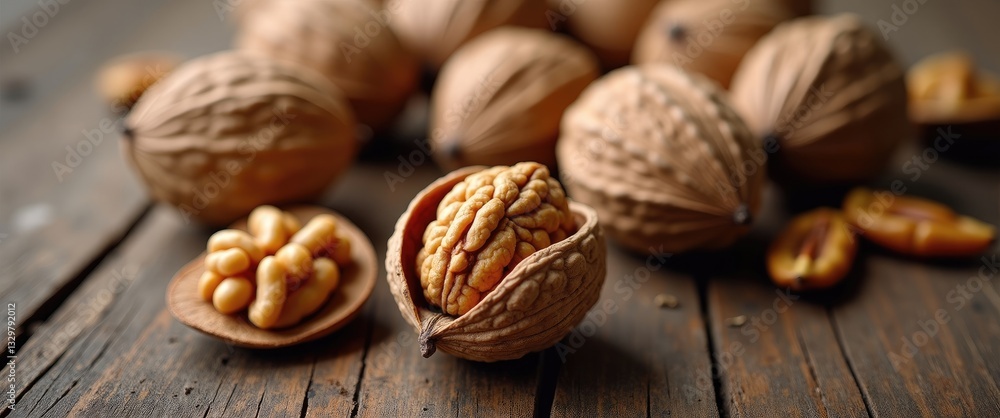 textured walnuts dropping onto the table