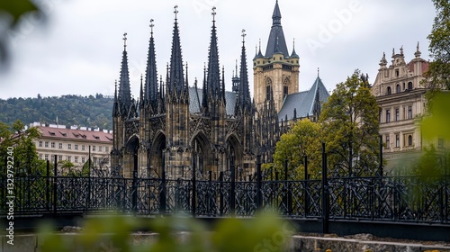 Gothic cathedral spires prague architectural photography urban landscape wide angle historic charm