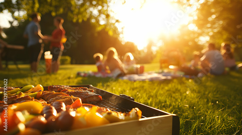 Delicious BBQ grill food at a summer picnic with friends and family, enjoying the sunset in a park.
